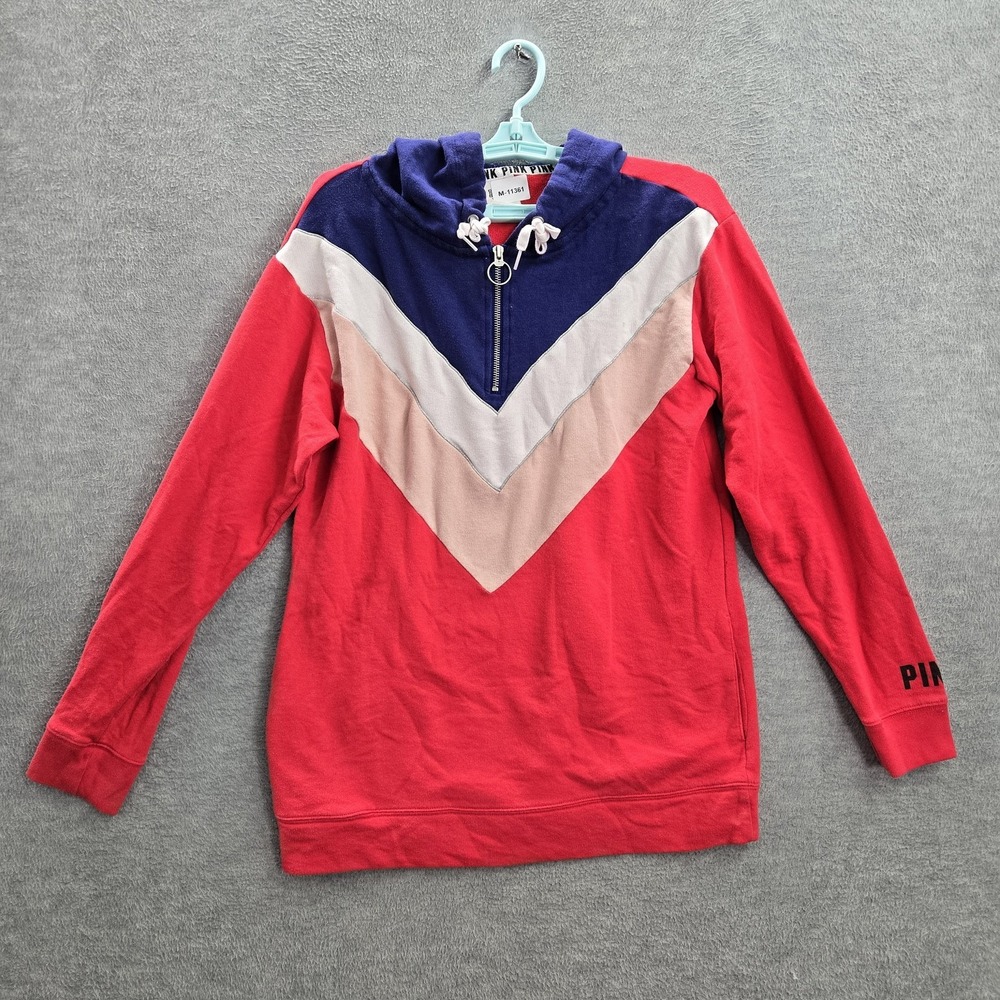 Victoria's Secret PINK Women Sweatshirt S Red Colorblock Hoodie‎ 1/4 Zip Fleece